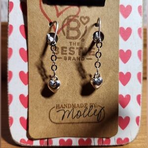 Small Silver Heart Drop Dangle Chain Earrings Surgical Steel Clasp Back Handmade
